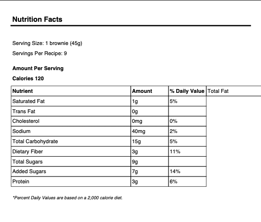 Nutrition Facts panel Cosmic Brownie on white plate with candy chips