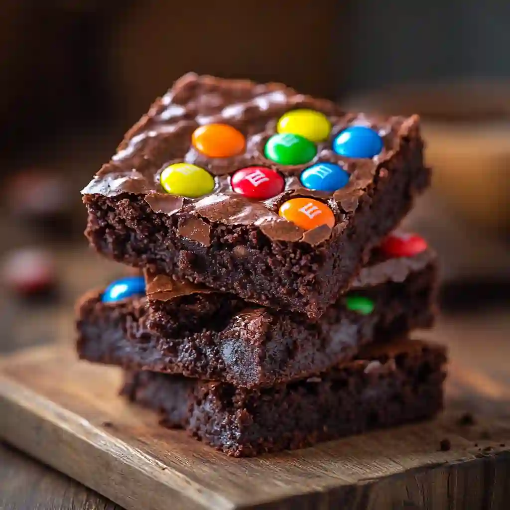 chewy-m&m-brownies-featured.jpg 2 Chewy M&M chocolate brownies stacked on a wooden board