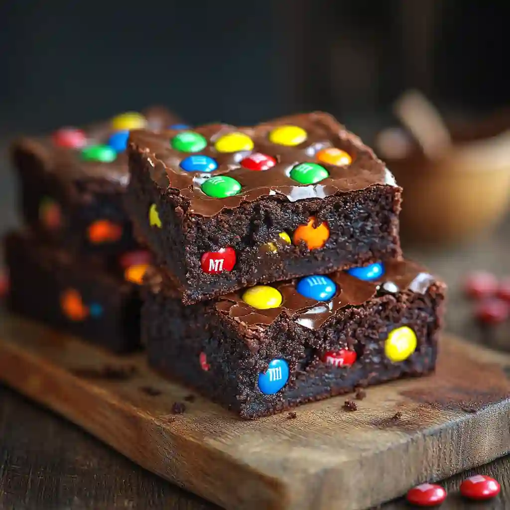 chewy-m&m-brownies-featured Chewy M&M chocolate brownies stacked on a wooden board