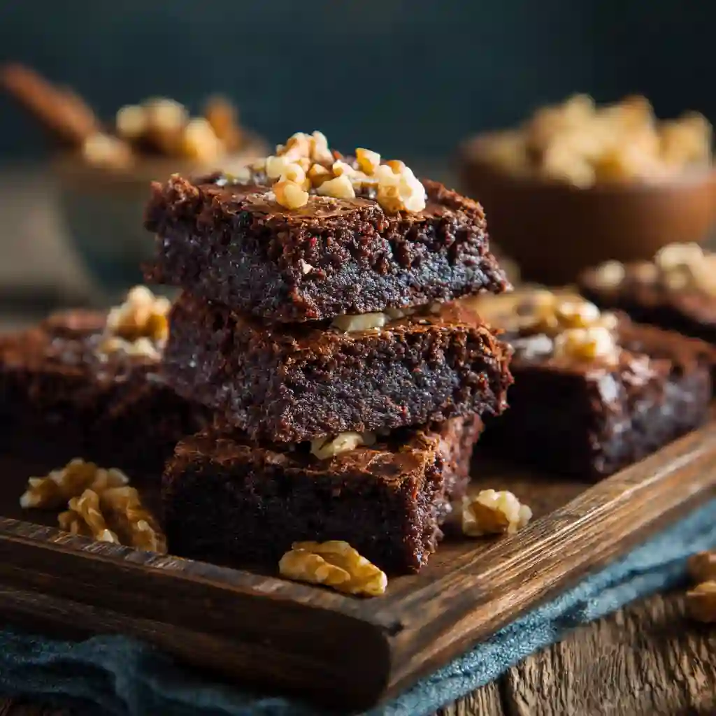 passover-brownies-featured.jpg 1 Stack of fudgy Passover brownies with walnuts