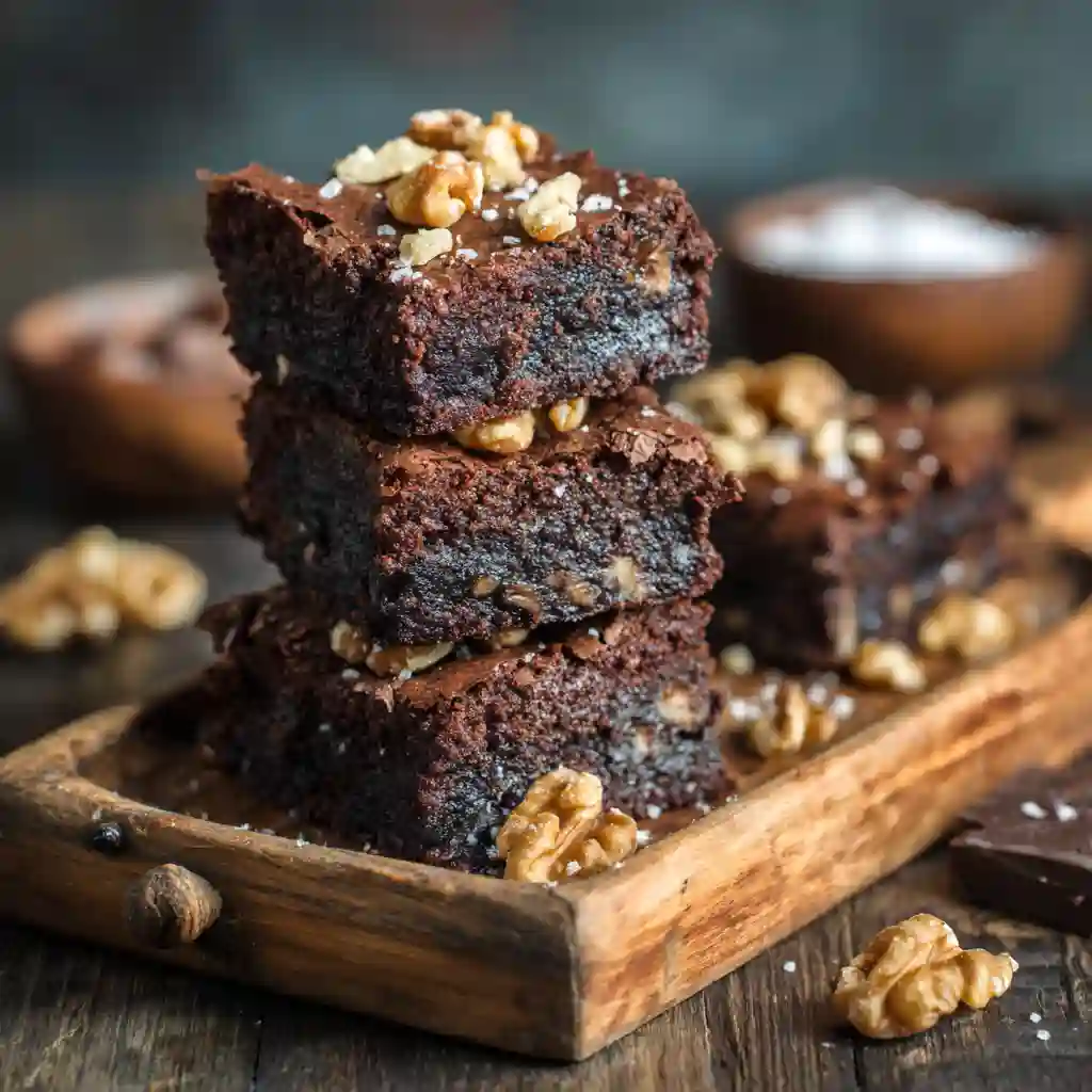 passover-brownies-featured.jpg 2 Stack of fudgy Passover brownies with walnuts