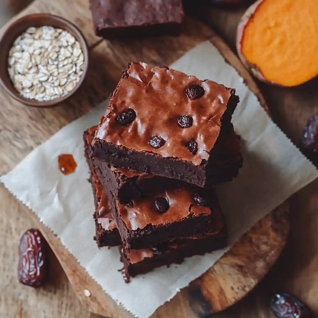 Vegan Sweet Potato Brownies Quick To Do Any Time 6 Fudgy vegan sweet potato brownies on wooden board